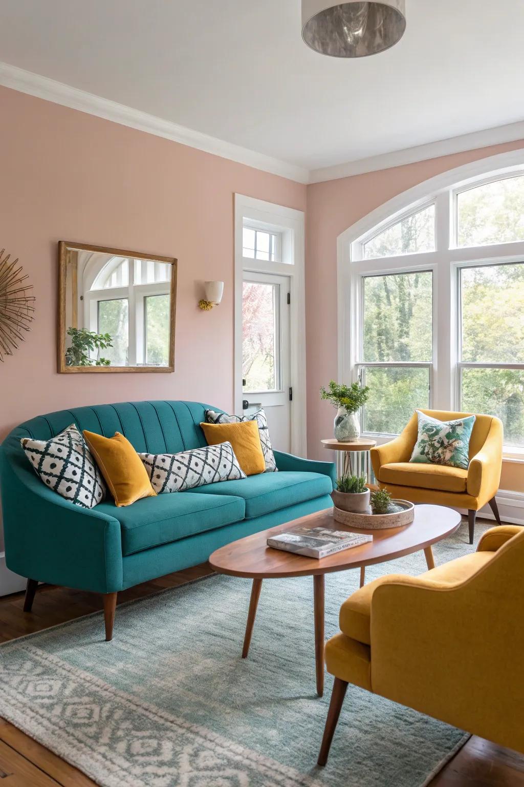 Vibrant color highlights such as teal and mustard introduce liveliness to this mid-century modern space.