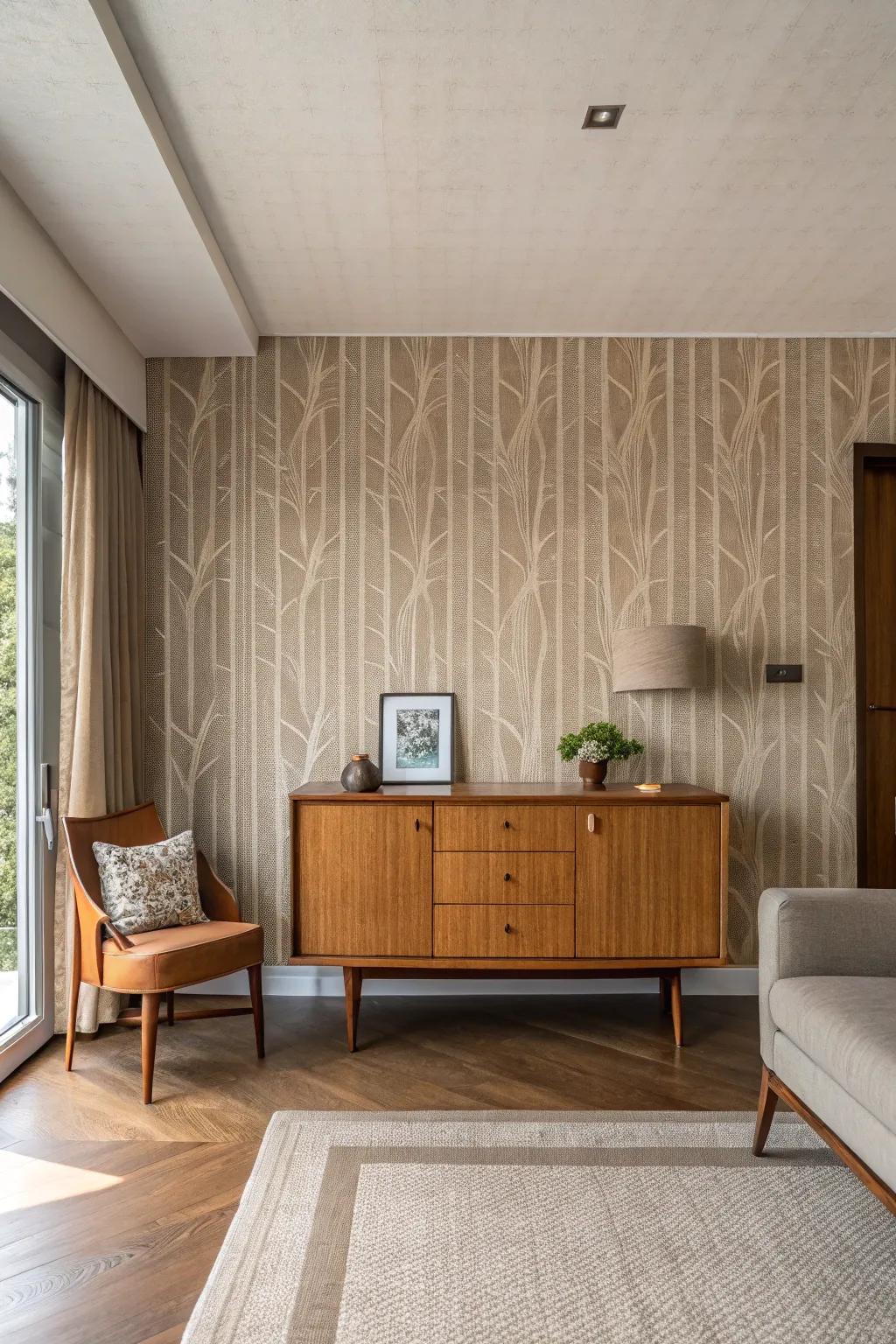 A room featuring mid-century wallpaper with neutral earthy tones.