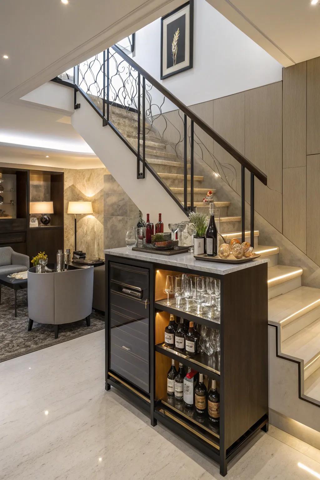 A mini bar tucked under the stairs maximizes efficient space usage and brings a unique charm.