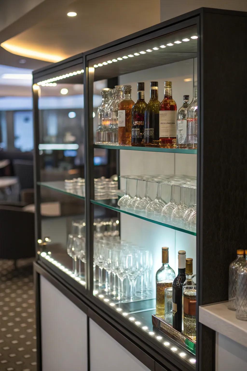 LED lights beneath shelves introduce a modern aspect to the home bar.
