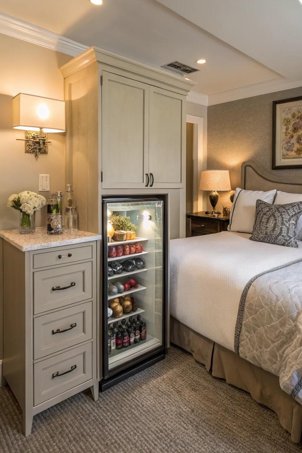 A miniature refrigerator effortlessly integrated into a storing cabinet within a bedroom.