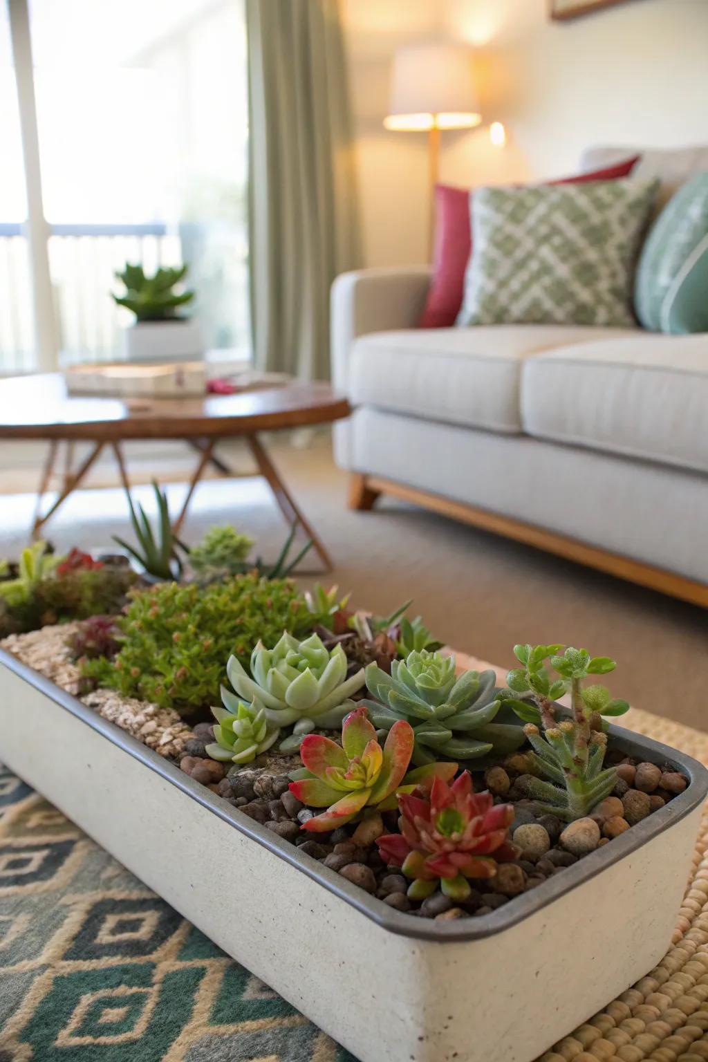A stunning arrangement of varied drought-tolerant plants within a stylish container.