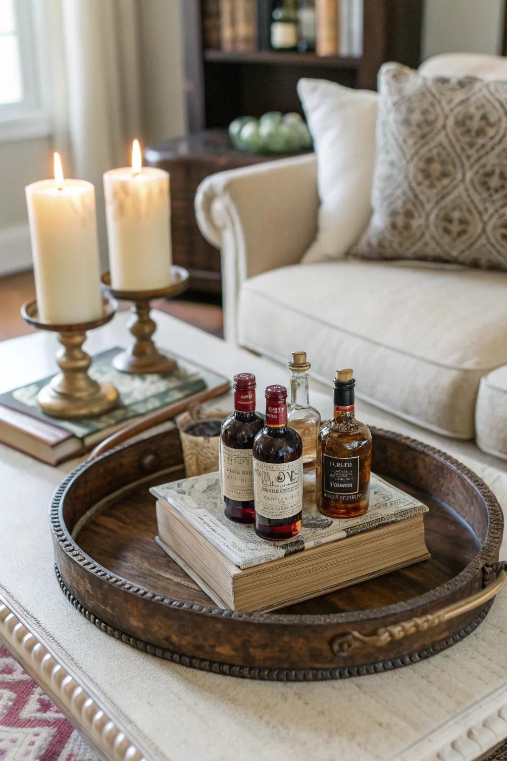 A vintage tray stylishly presenting mini liquor bottles on a coffee table.