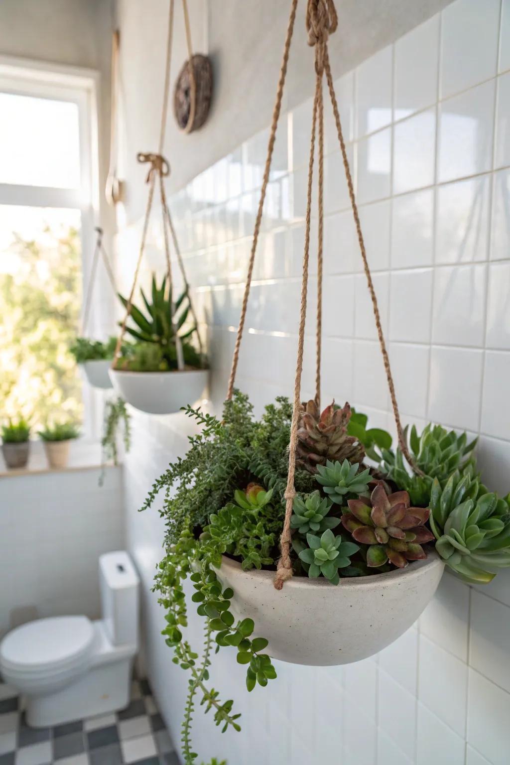 Hanging planters bring succulents to new heights.