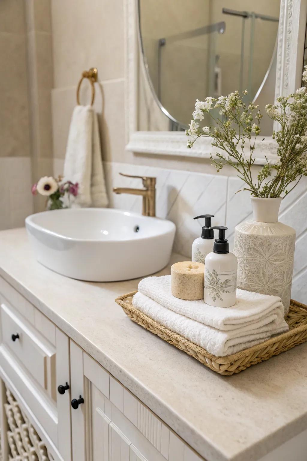 Neutral tones create a calming and harmonious bathroom setting.