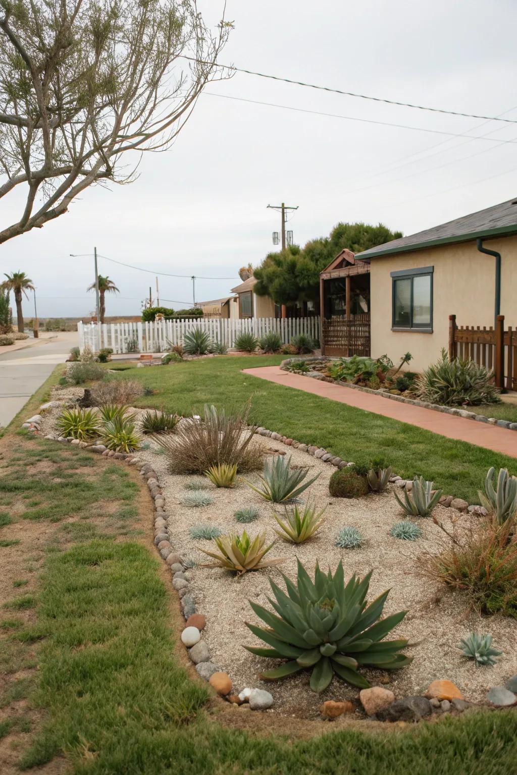 Minimalist planting using succulents and grasses maintains a serene space.