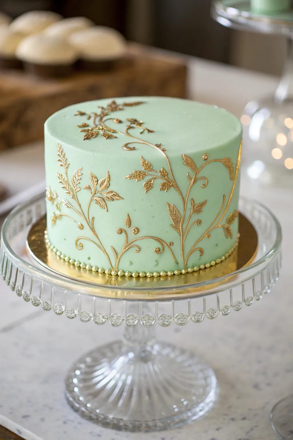 A chartreuse cake accented with luxurious gold detailing.