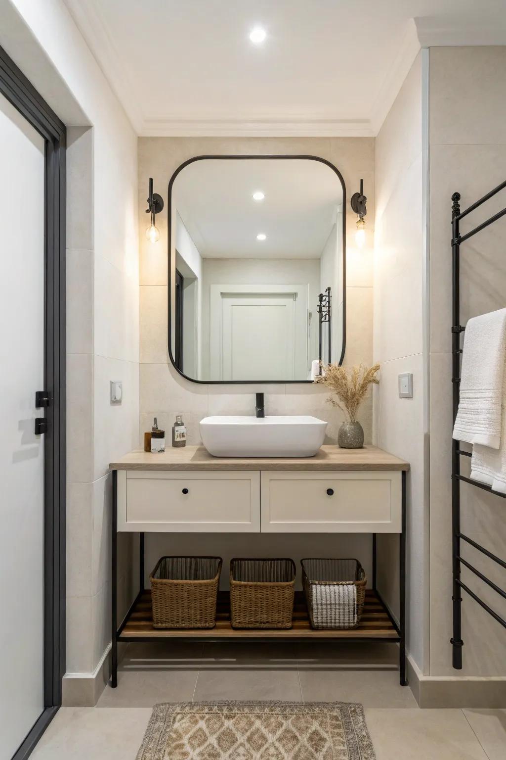 A sleek metal-framed mirror complements a minimalist bathroom.