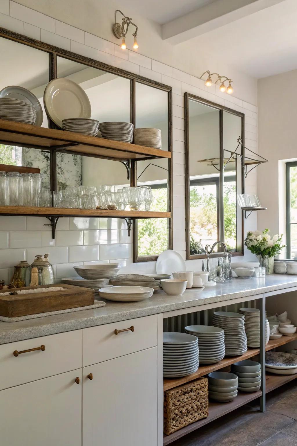 Open shelving backed with mirrors, enhancing the sense of depth and highlighting the dishware.
