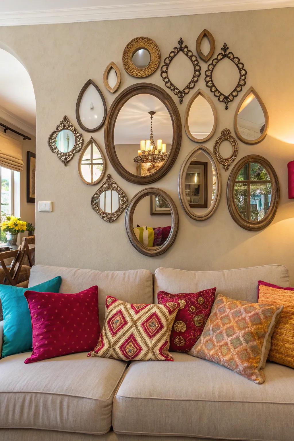 Grouped mirrors introduce a playful dynamic.