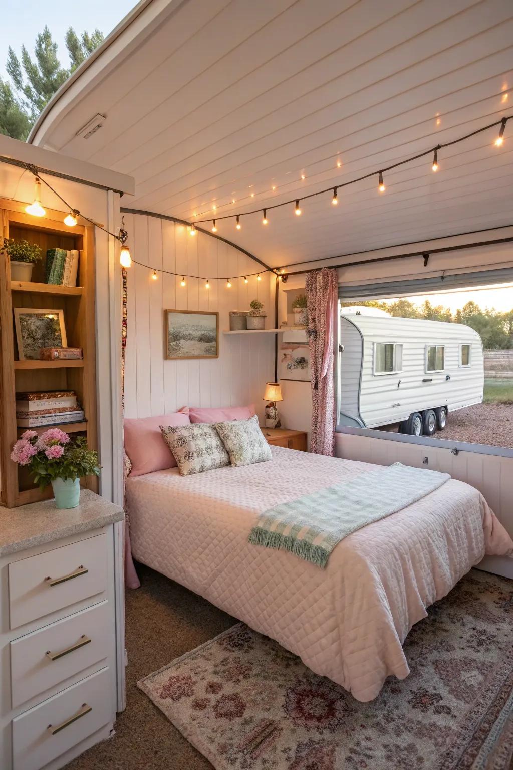 A beautifully decorated spare bedroom addition to a mobile home, offering extra living space.