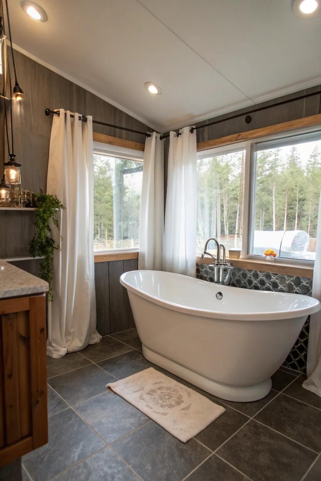 In this mobile home bathroom, a freestanding tub serves as a lavish centerpiece.