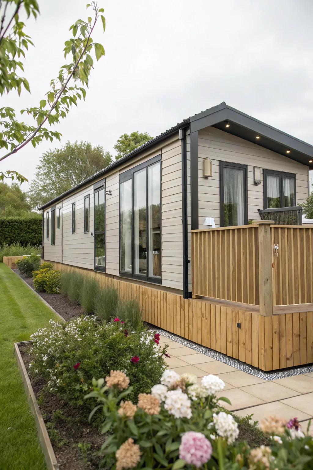 Upright board and batten skirting enhances style and height to your mobile home's facade.