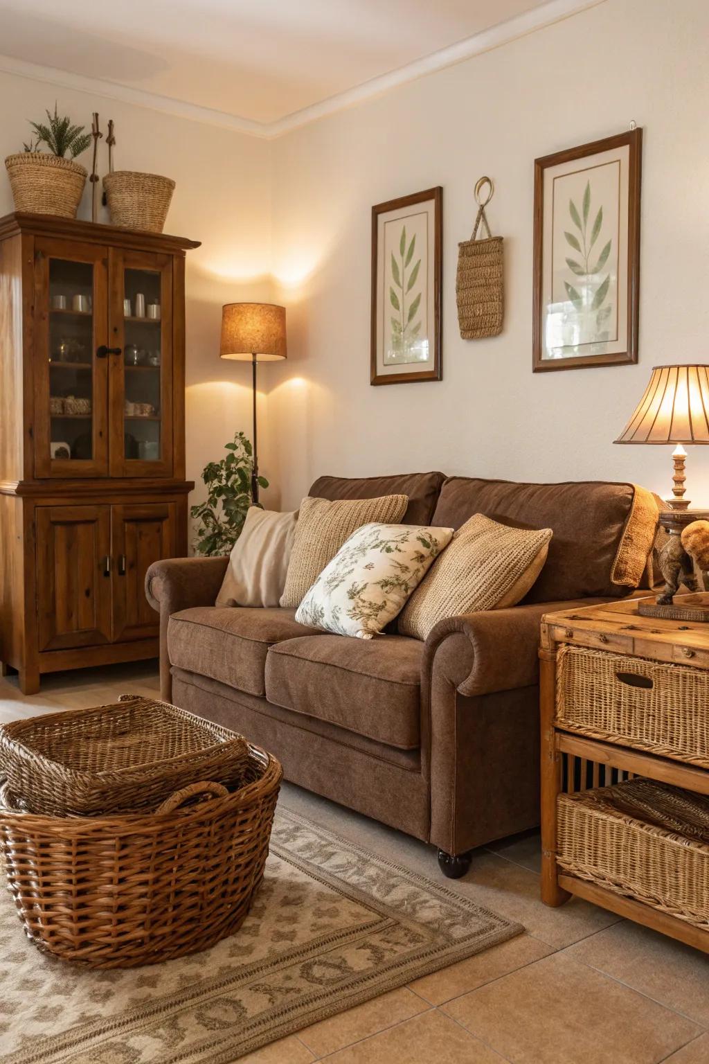 The addition of natural materials like wood and wicker gives texture to the chocolate-brown sofa arrangement.