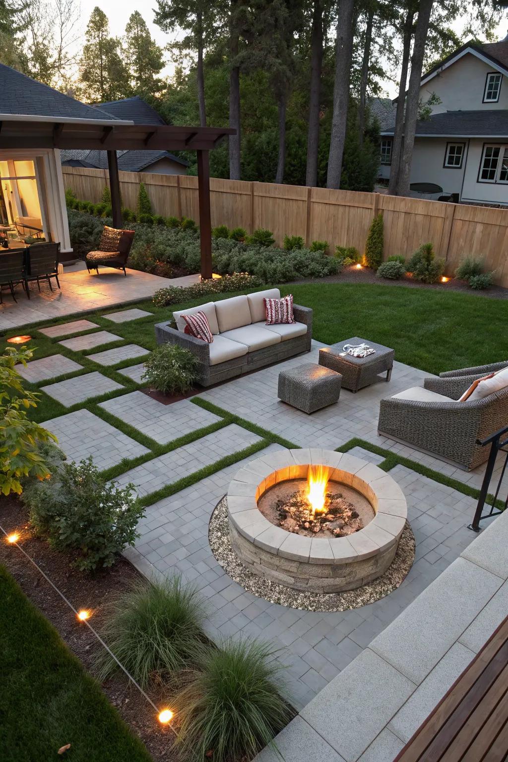 A modern backyard focused around a stylish fire pit.