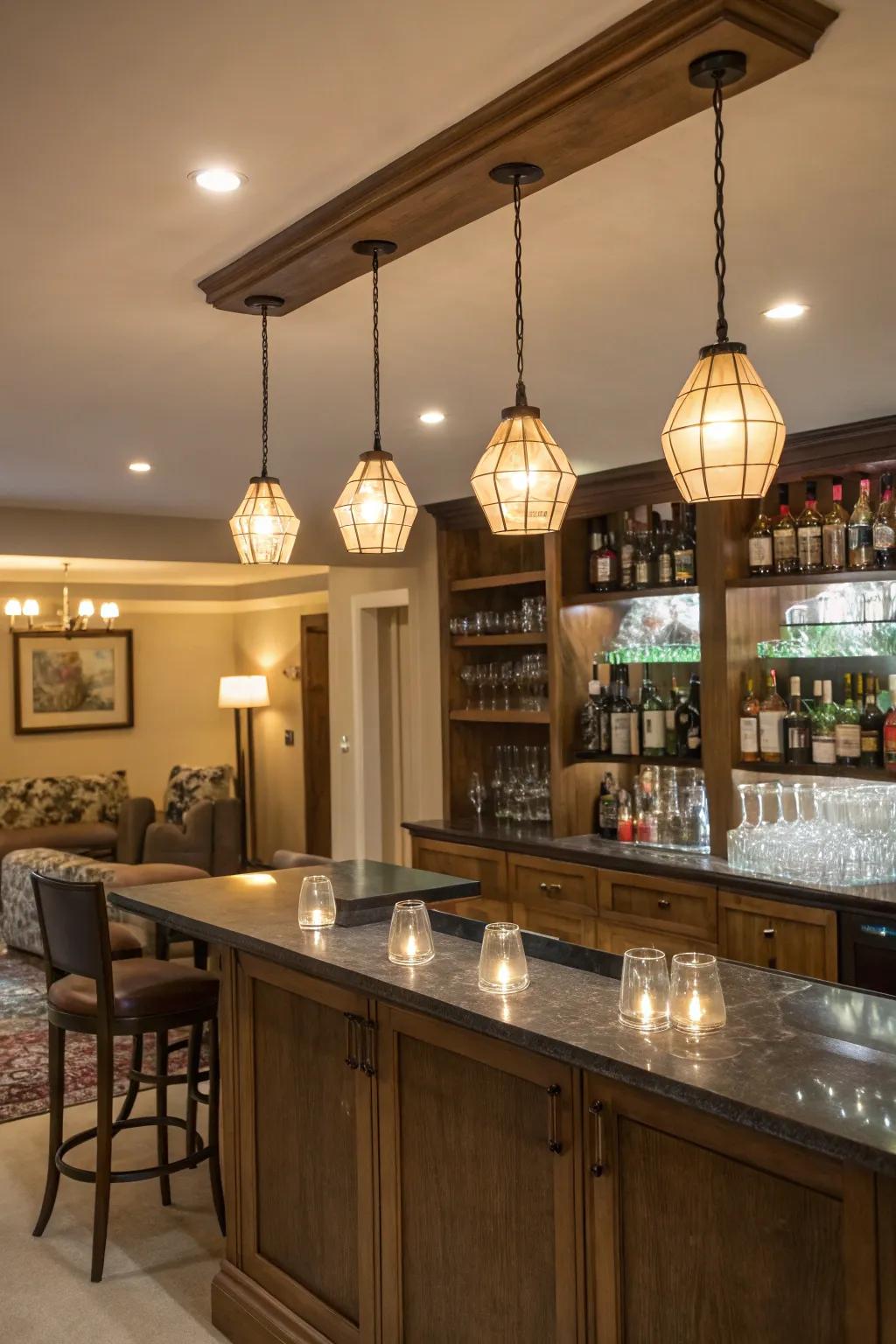 Strategic lighting improves the atmosphere of this contemporary bar.