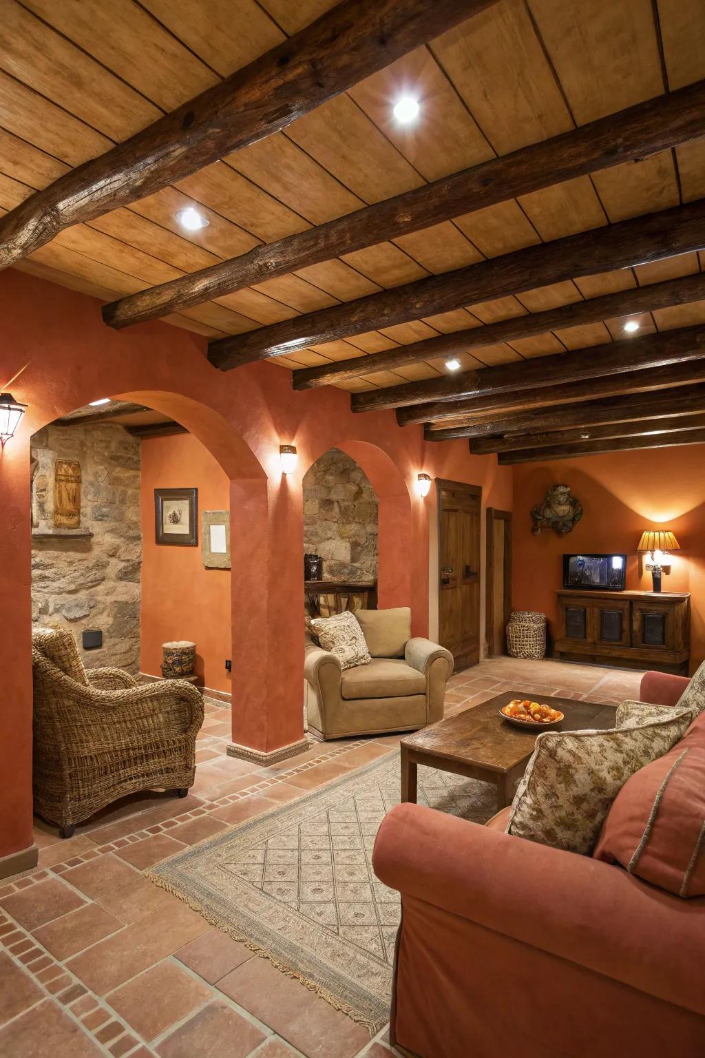 Earthenware tones give your basement a natural touch and warmth.