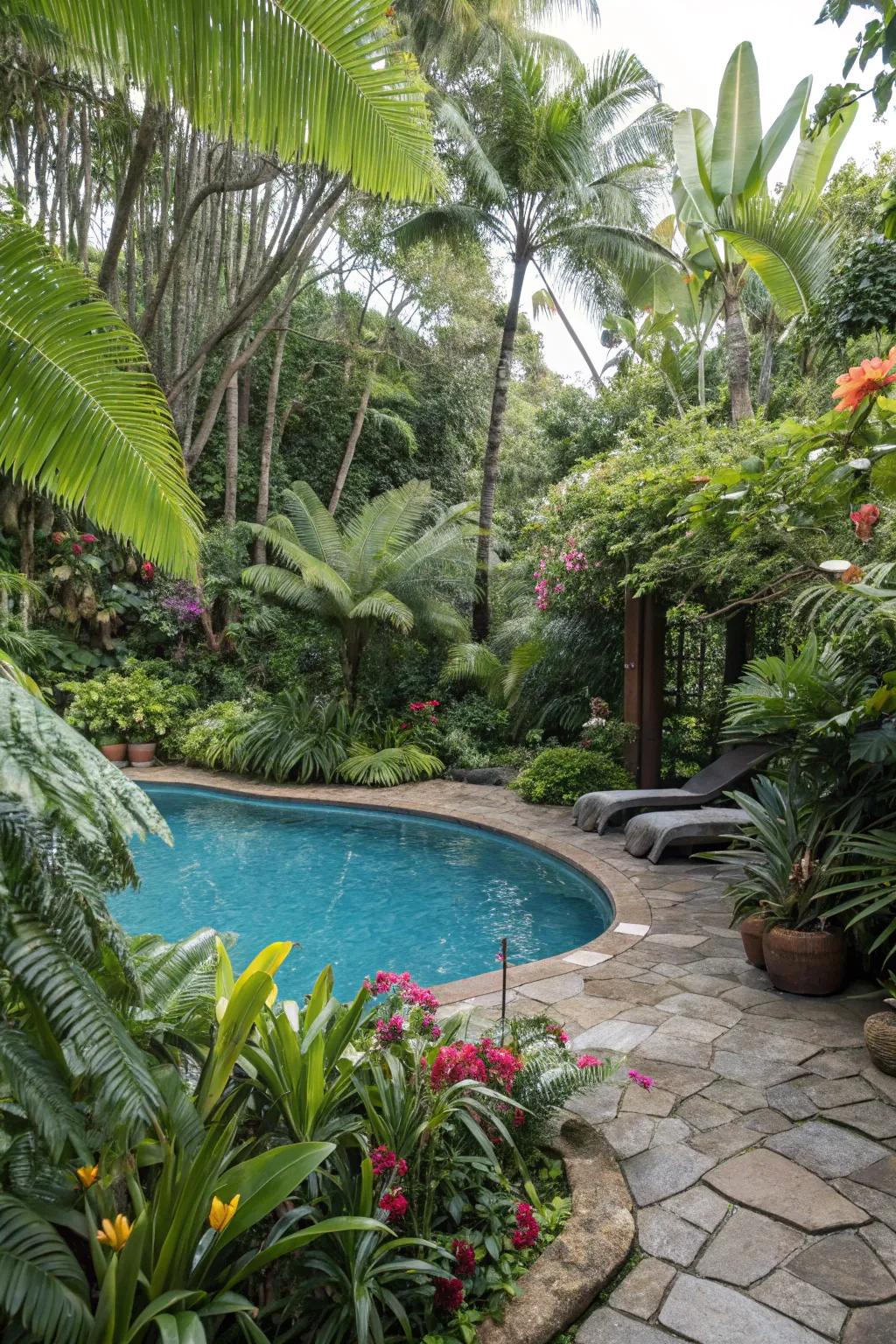 Tropical plants give off a resort vibe to your backyard pool.