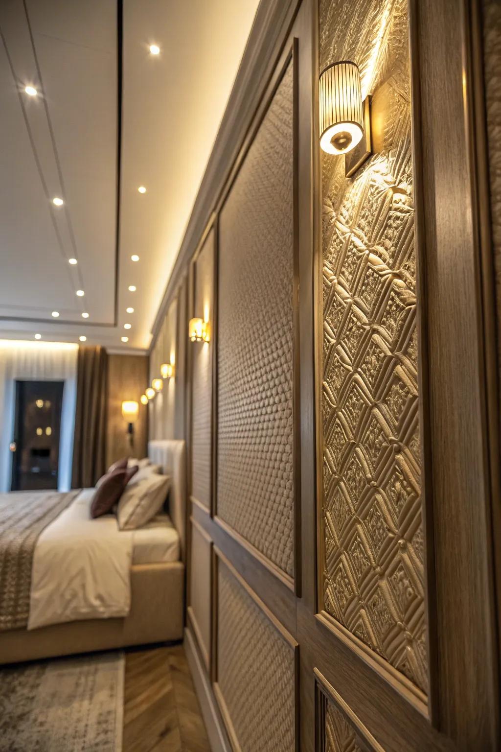 Integrated lighting within the paneling provides a cozy and welcoming radiance.