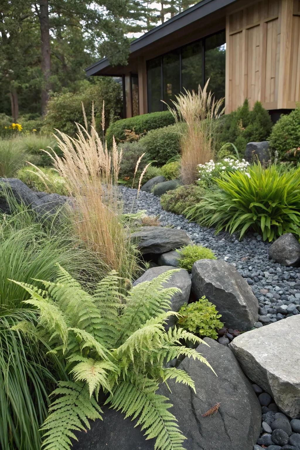 Dark stones accentuating lively greenery.