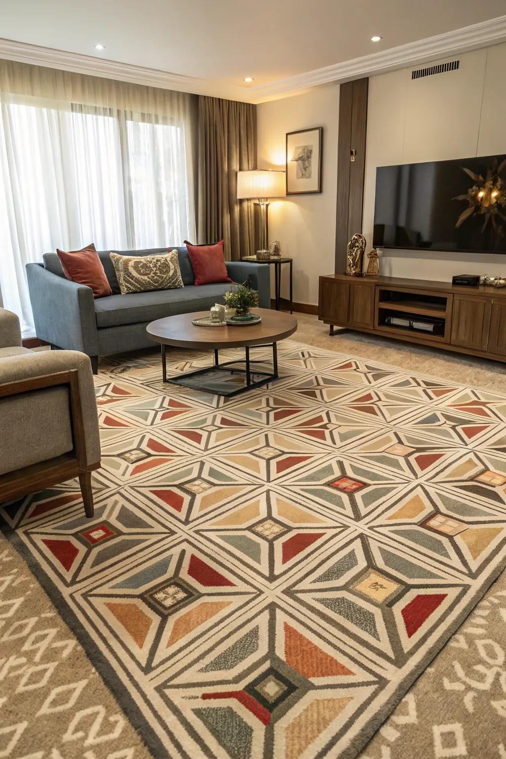 Modern living room showcasing a geometric pattern carpet, introducing visual intrigue.
