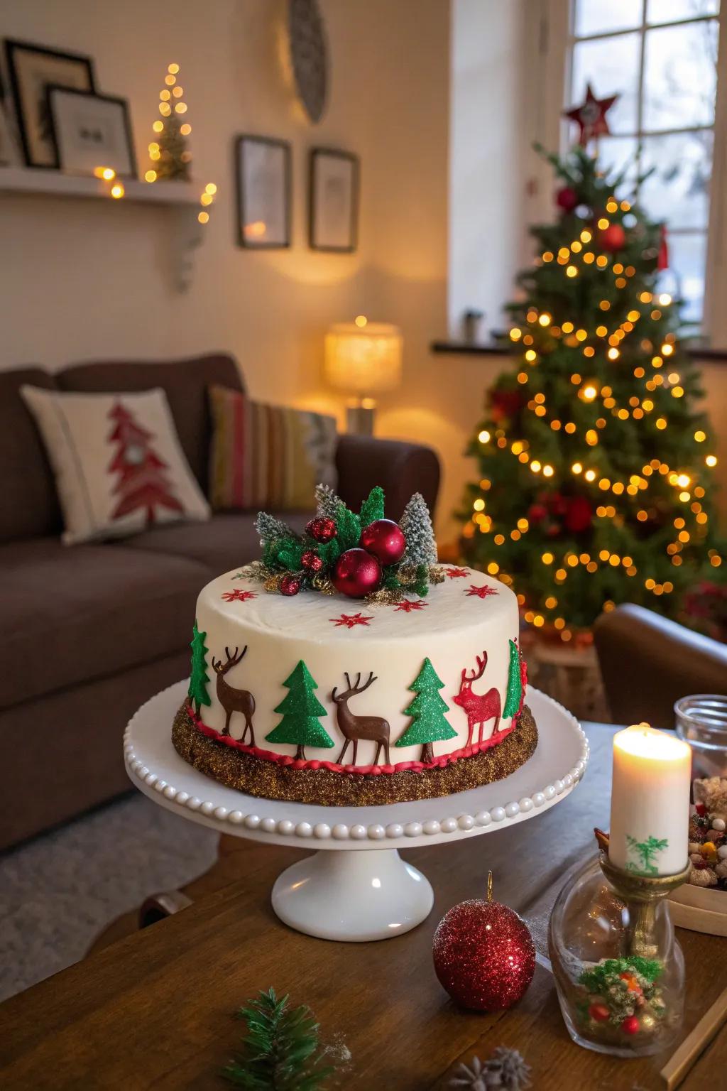 Christmas cake adorned with festive reindeer and trees