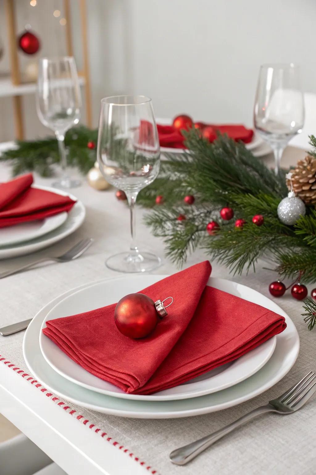 A contemporary Christmas table display featuring understated crimson details.