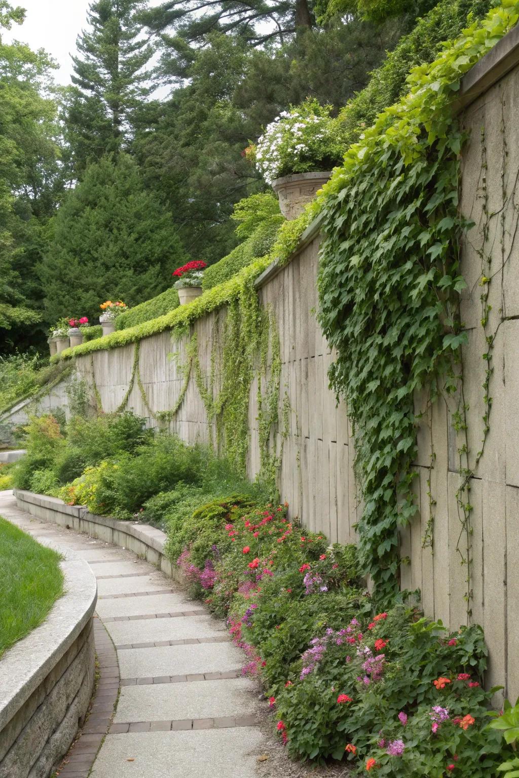 Concrete wall adorned with climbing vines and lush greenery.