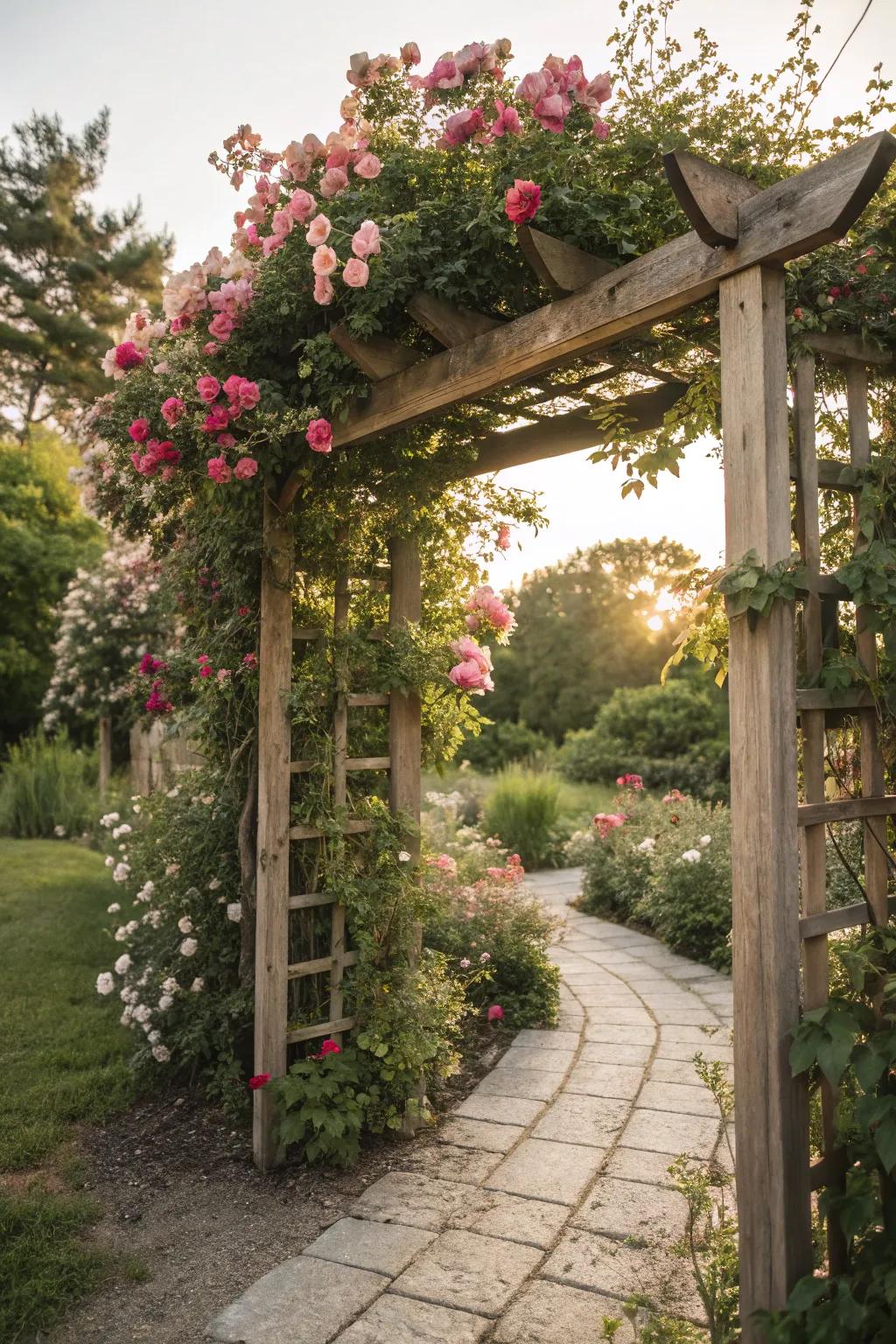 Trellises provide vertical appeal and a foundation for colorful blossoms.