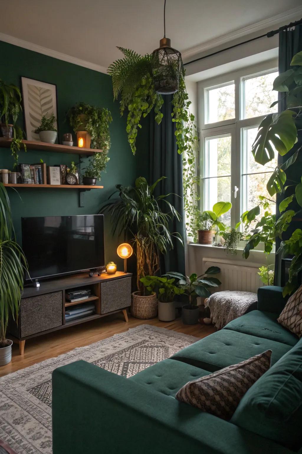 Houseplants enrich the organic atmosphere of a deep green living space.