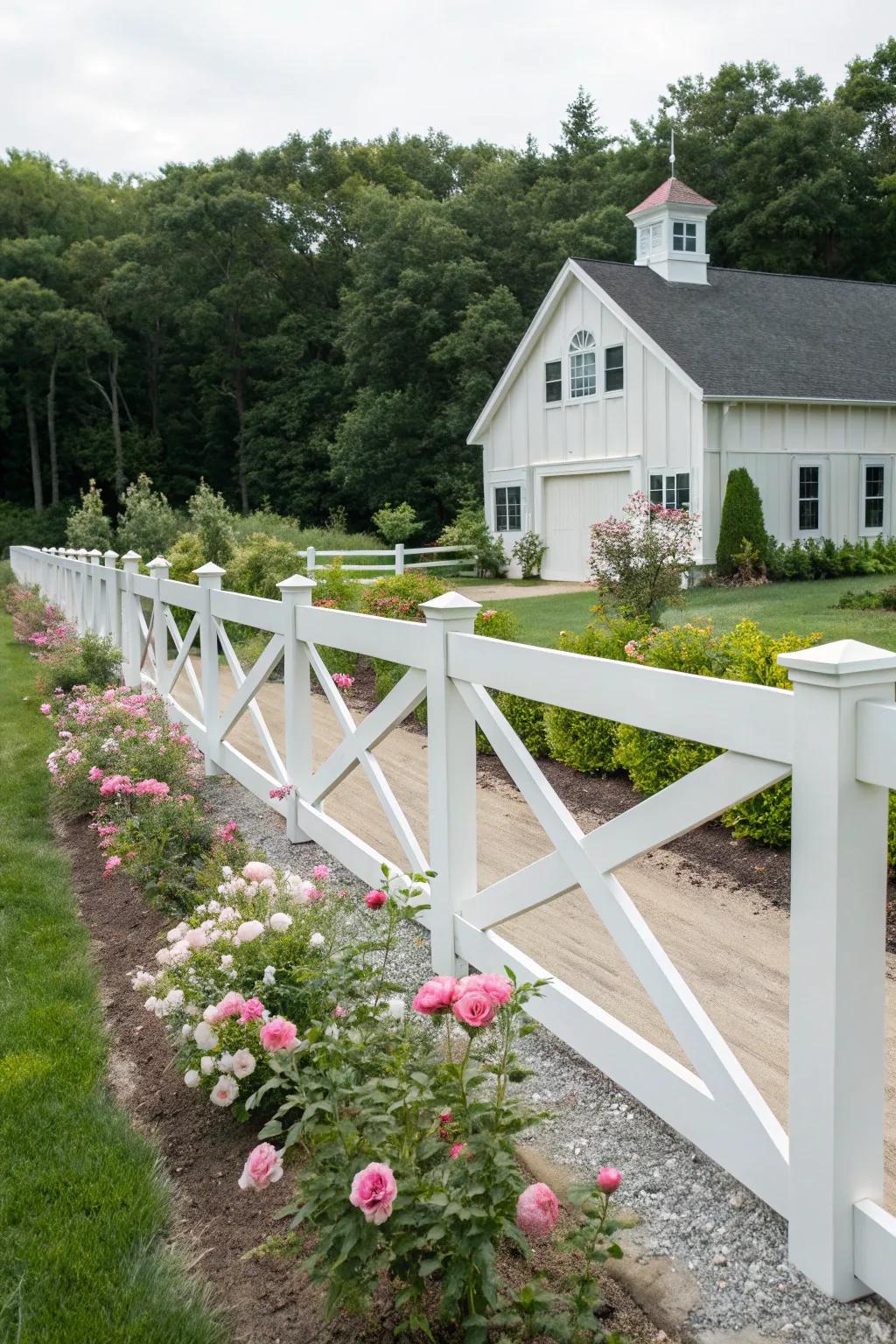 A classic white cross-beam fence pattern imparts timeless charm to a modern farmhouse setting.