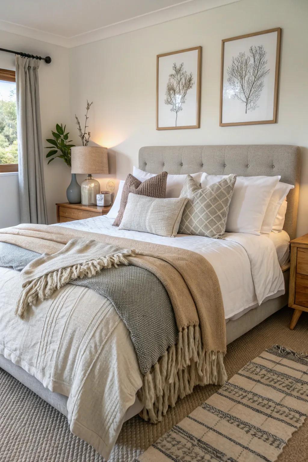 Relaxing fabrics add warmth and comfort to this modern farmhouse guest bedroom.