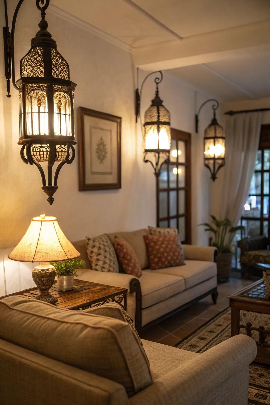 Lantern-type fixtures capture the spirit of the outdoors inside.