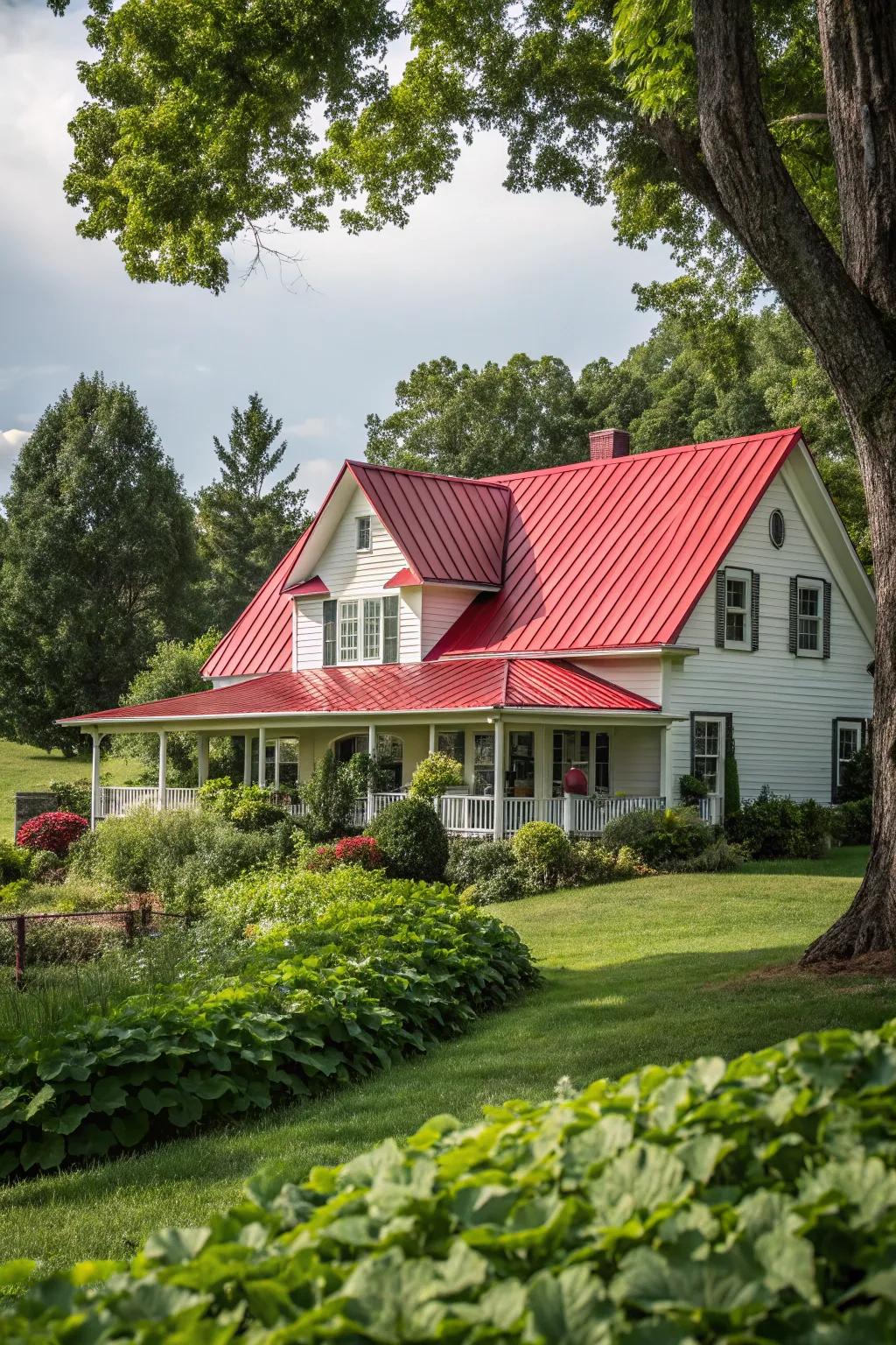 Striking allure: A bold scarlet metal roof makes a farmhouse unmissable.