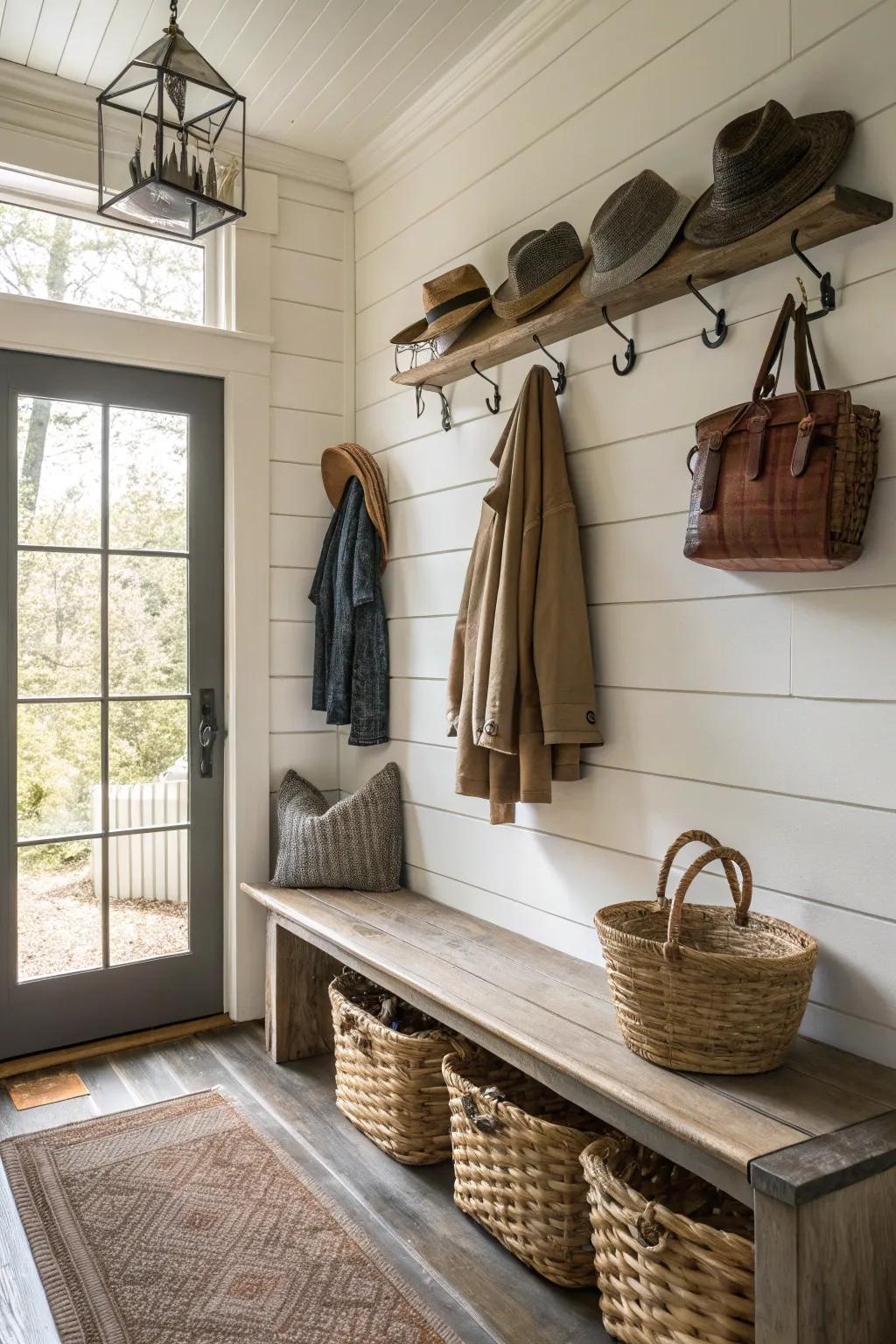 Mudroom featuring rustic hooks for practical storage.