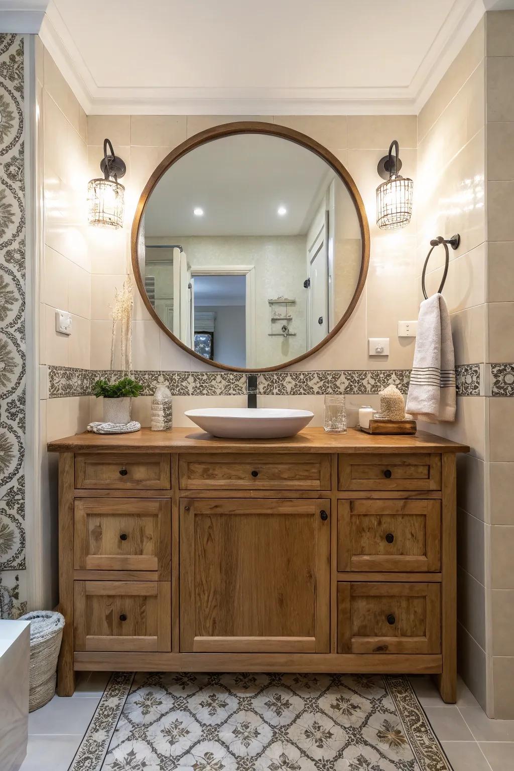 A large circular mirror above a wood-tone vanity in a powder room.