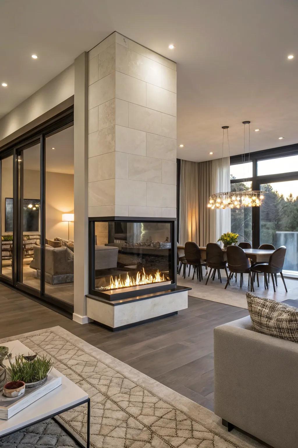 A see-through fireplace that gracefully unifies a living room and dining space.