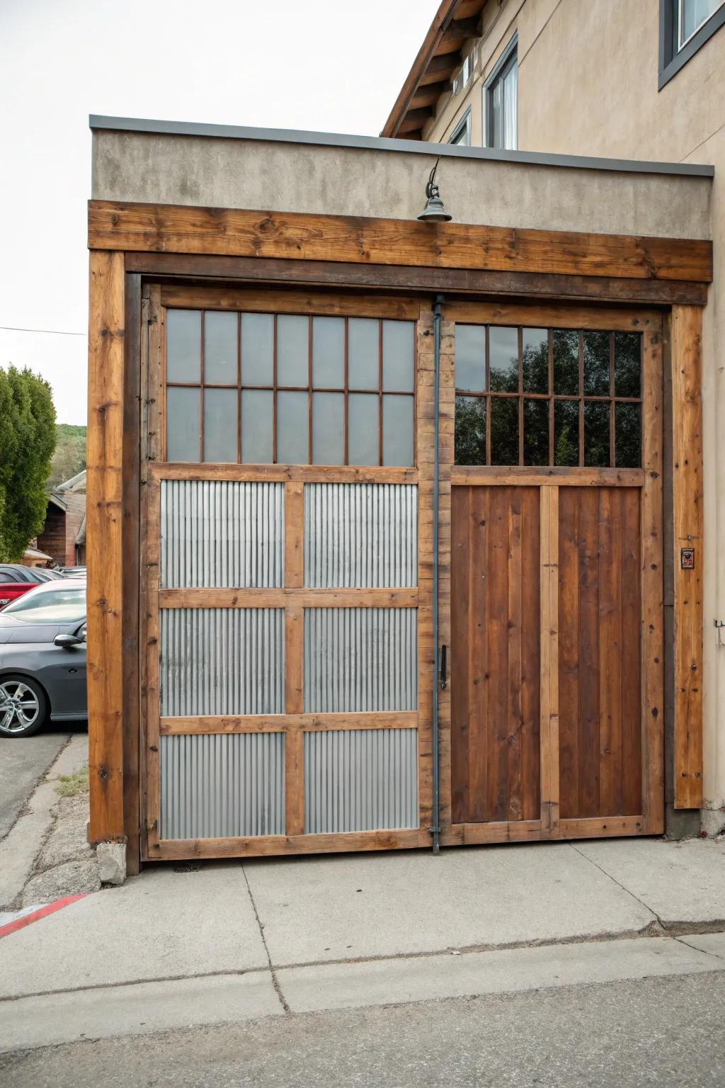 A mix of timber and steel produces a textured and inviting garage door.