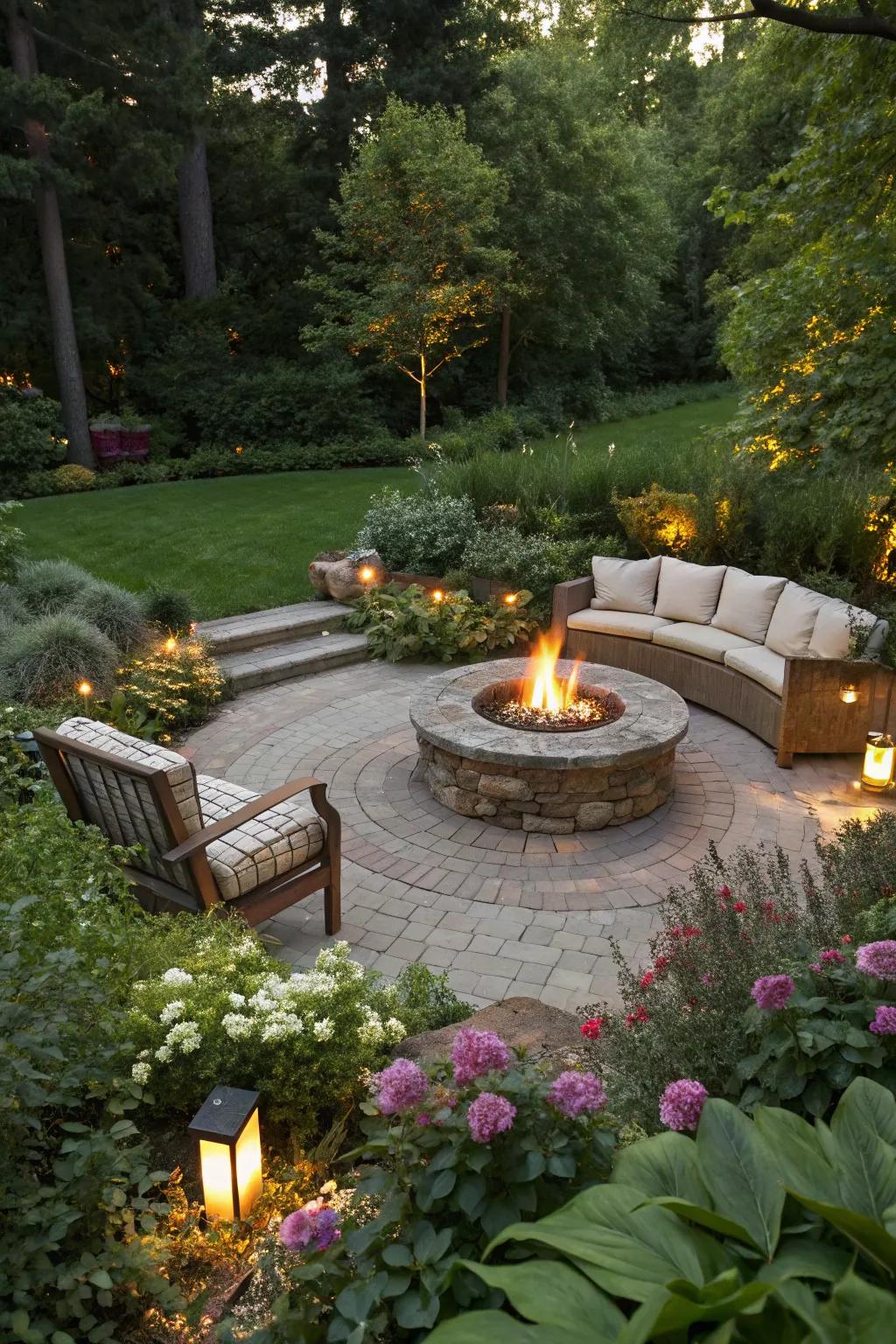 A bonfire space functions as a warm and welcoming centerpiece in a modern garden.