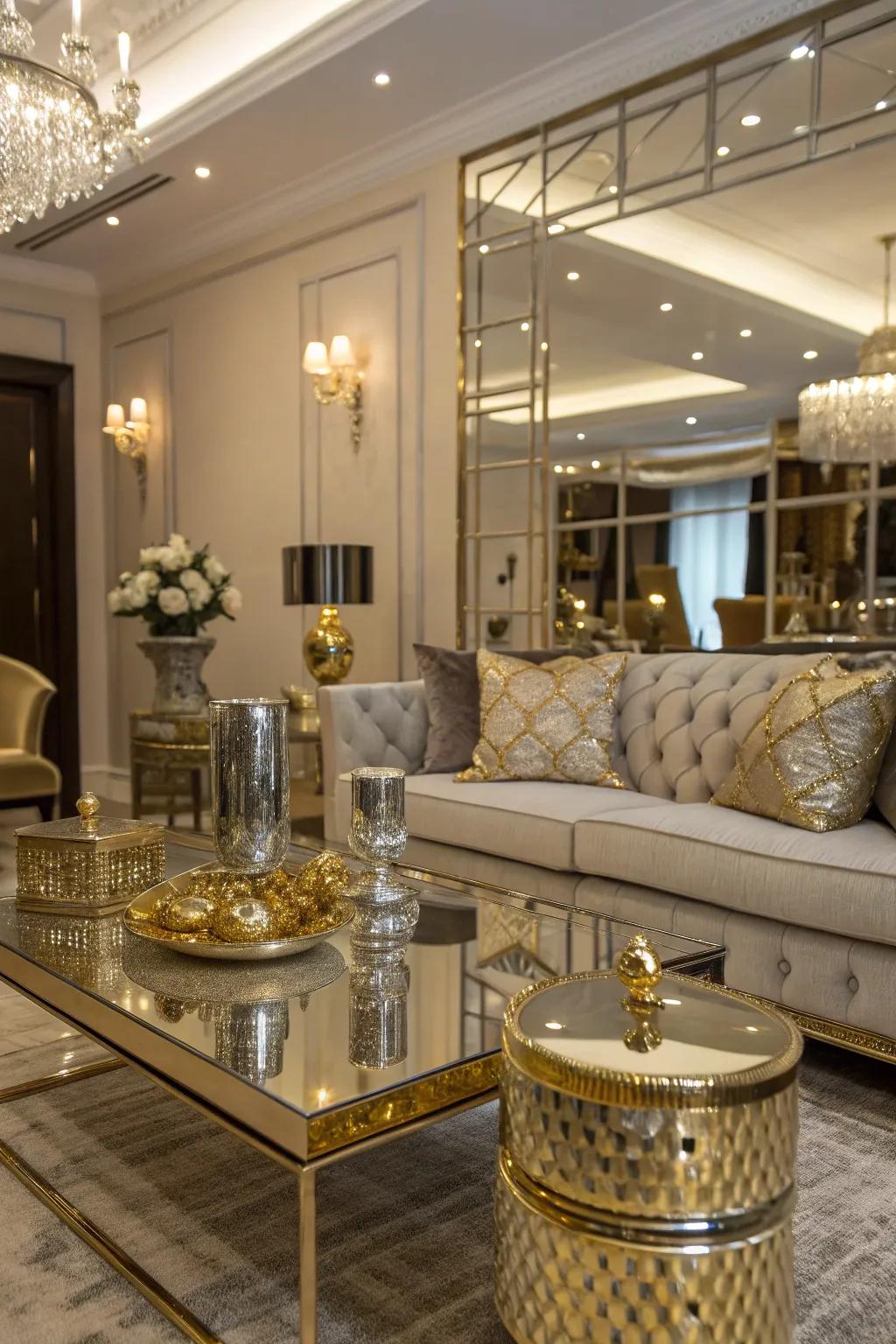 Mirrored surfaces enhance the elegance of gold and silver decor.