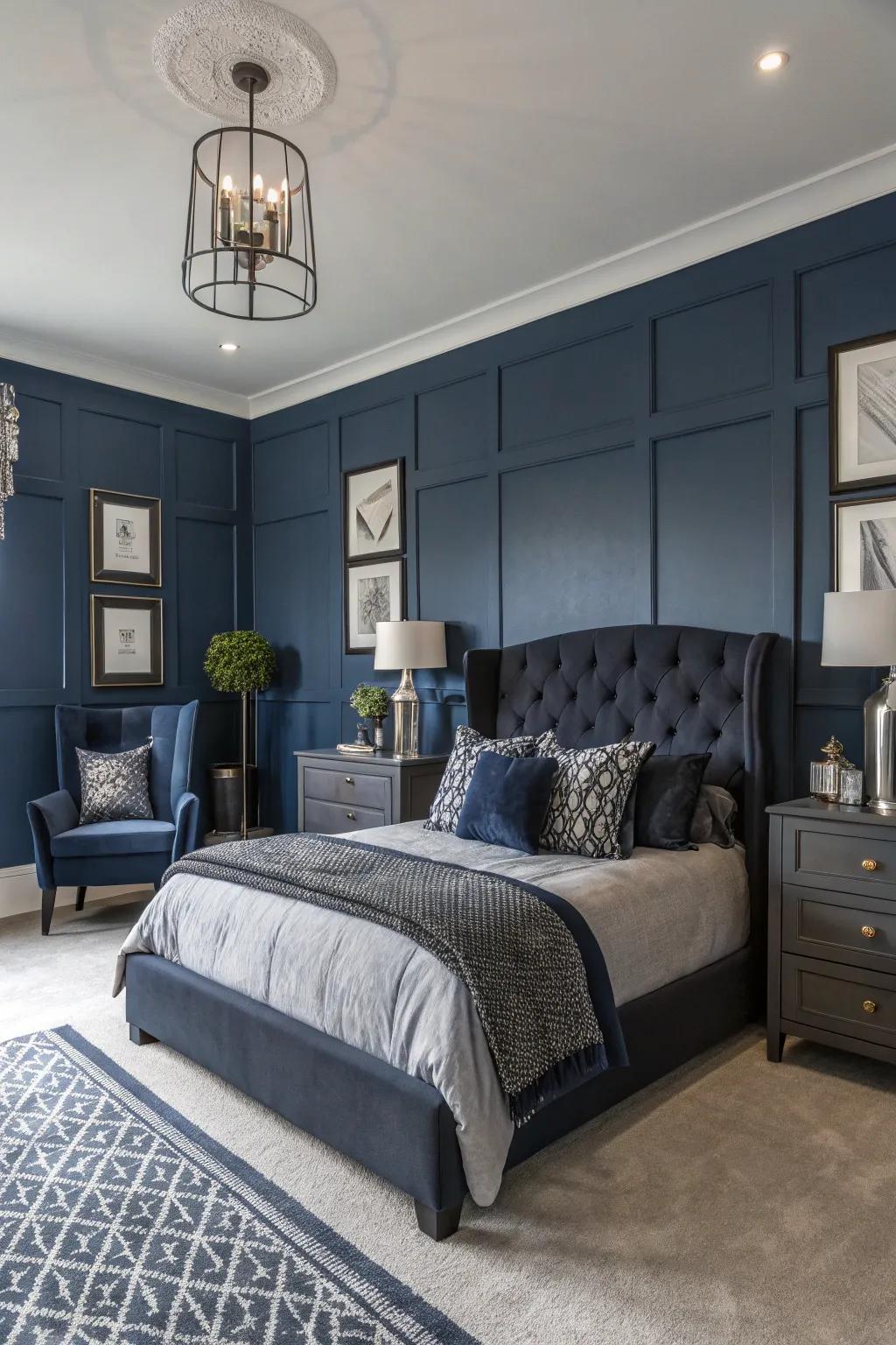 Make a statement in your bedroom with a deep blue and dark grey color scheme.