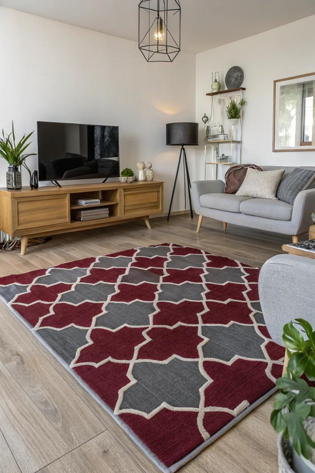 Living room with a burgundy and grey printed rug and modern decor.