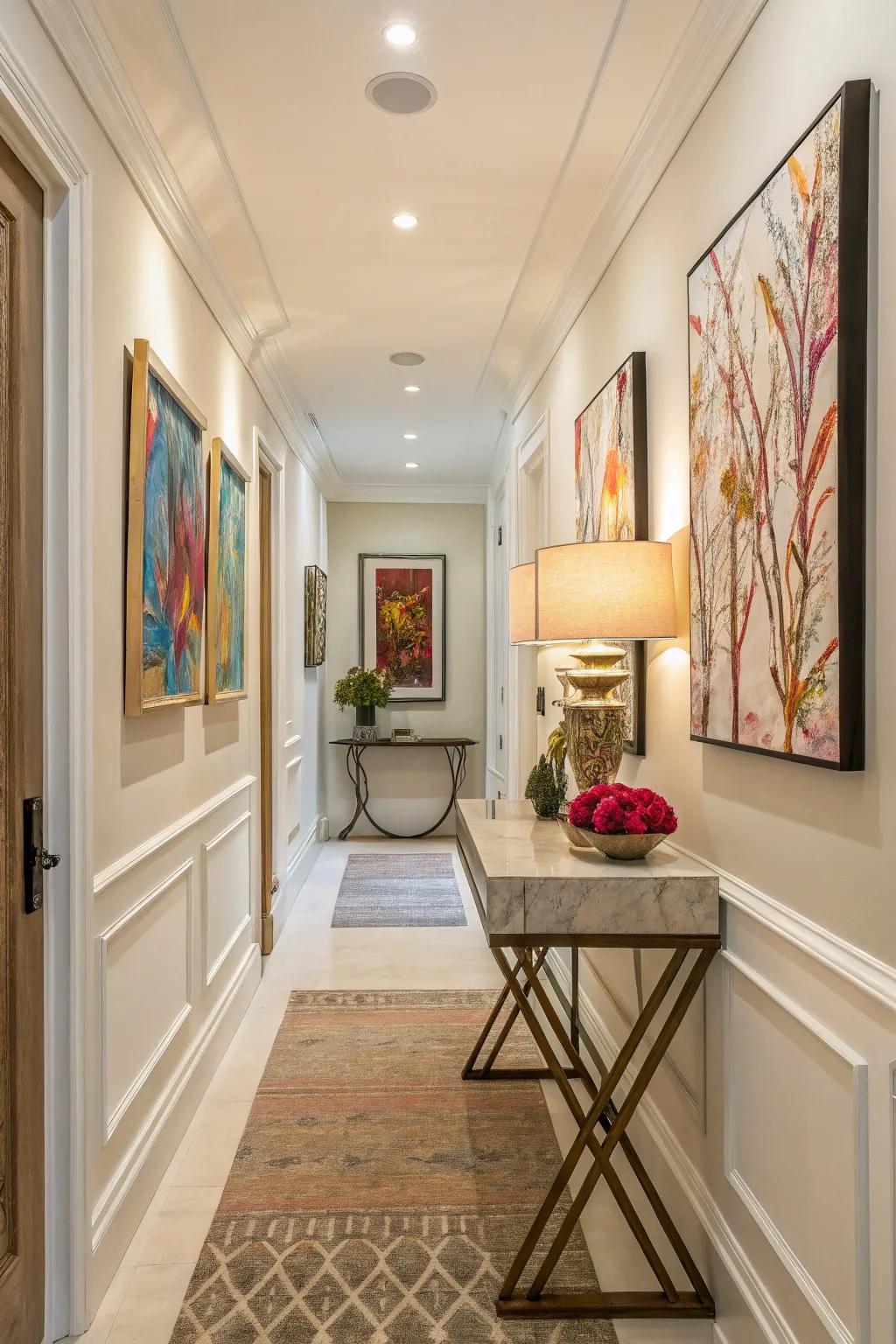Art pieces add energy and character to a hallway.