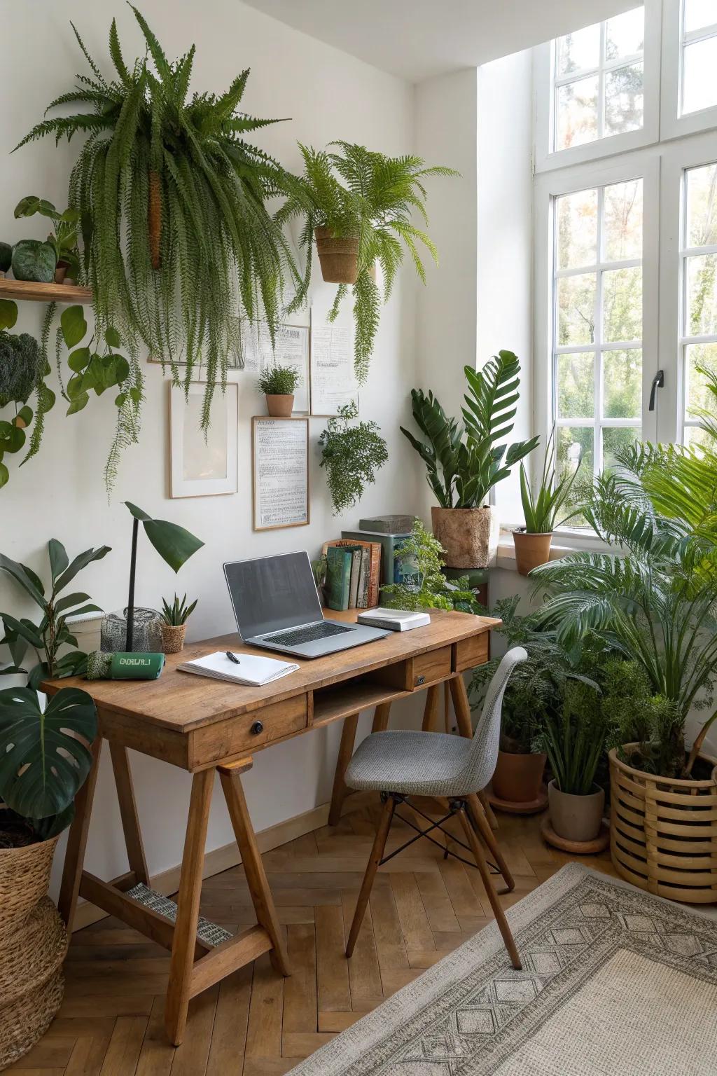 Greenery enlivening a modern home office.