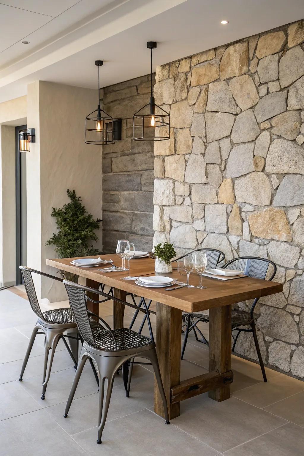 A seamless combination of different materials enhances the character of this dining area.