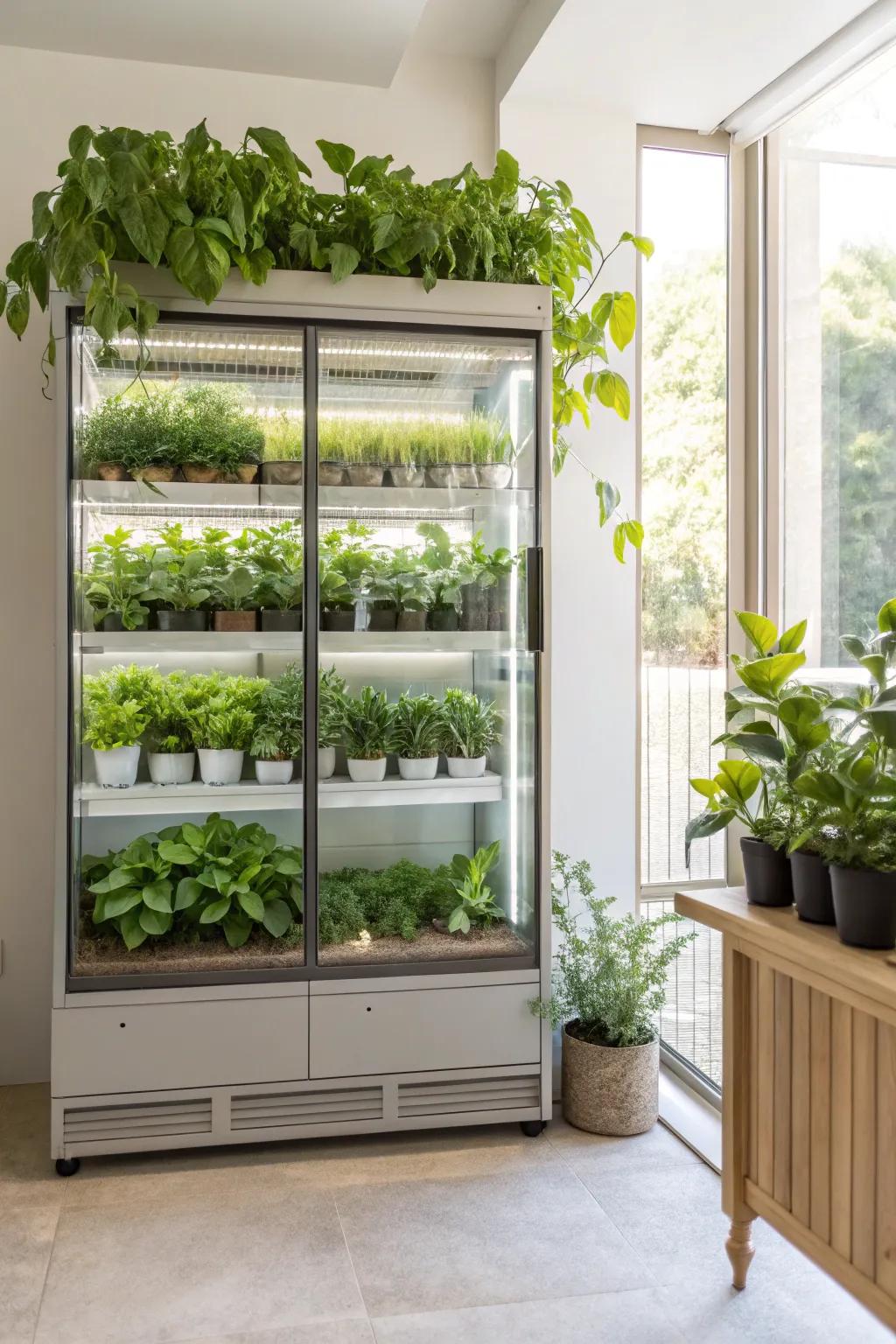 Greenery contributes a natural and vibrant element to the display cabinet's design.