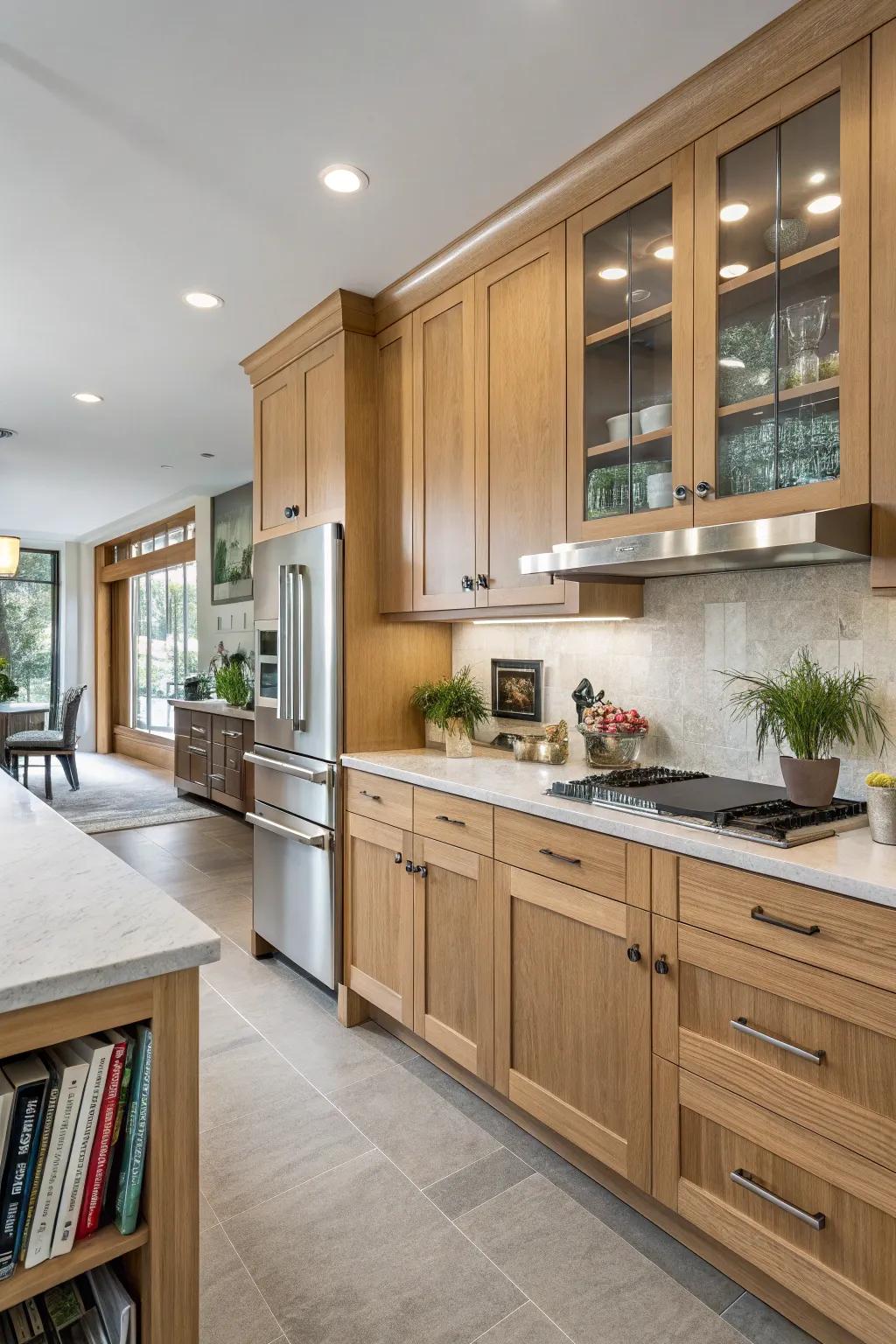 Sleek metallic appliances give a modern vibe to kitchens featuring oak cabinets.