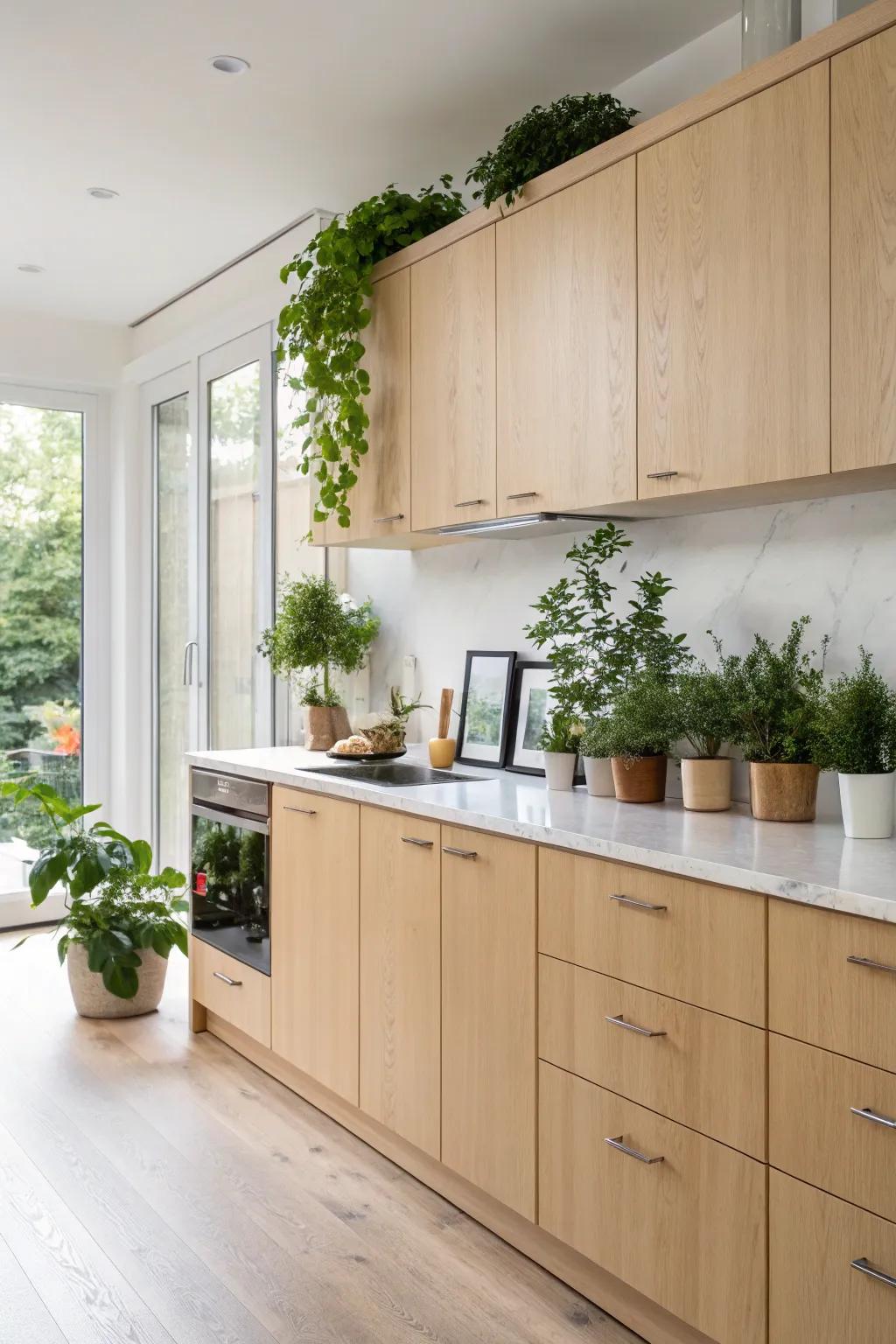 Indoor plants enhance the inherent beauty of pale walnut cabinets flawlessly.
