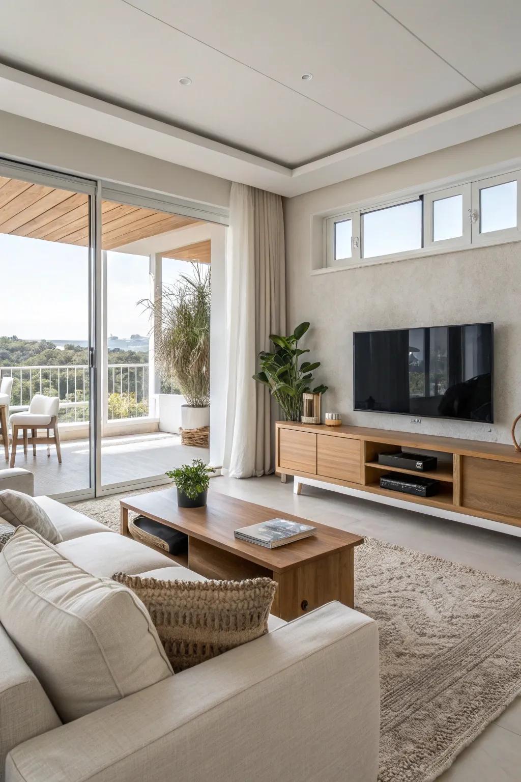 Subdued shades create a soothing atmosphere in a contemporary living area.