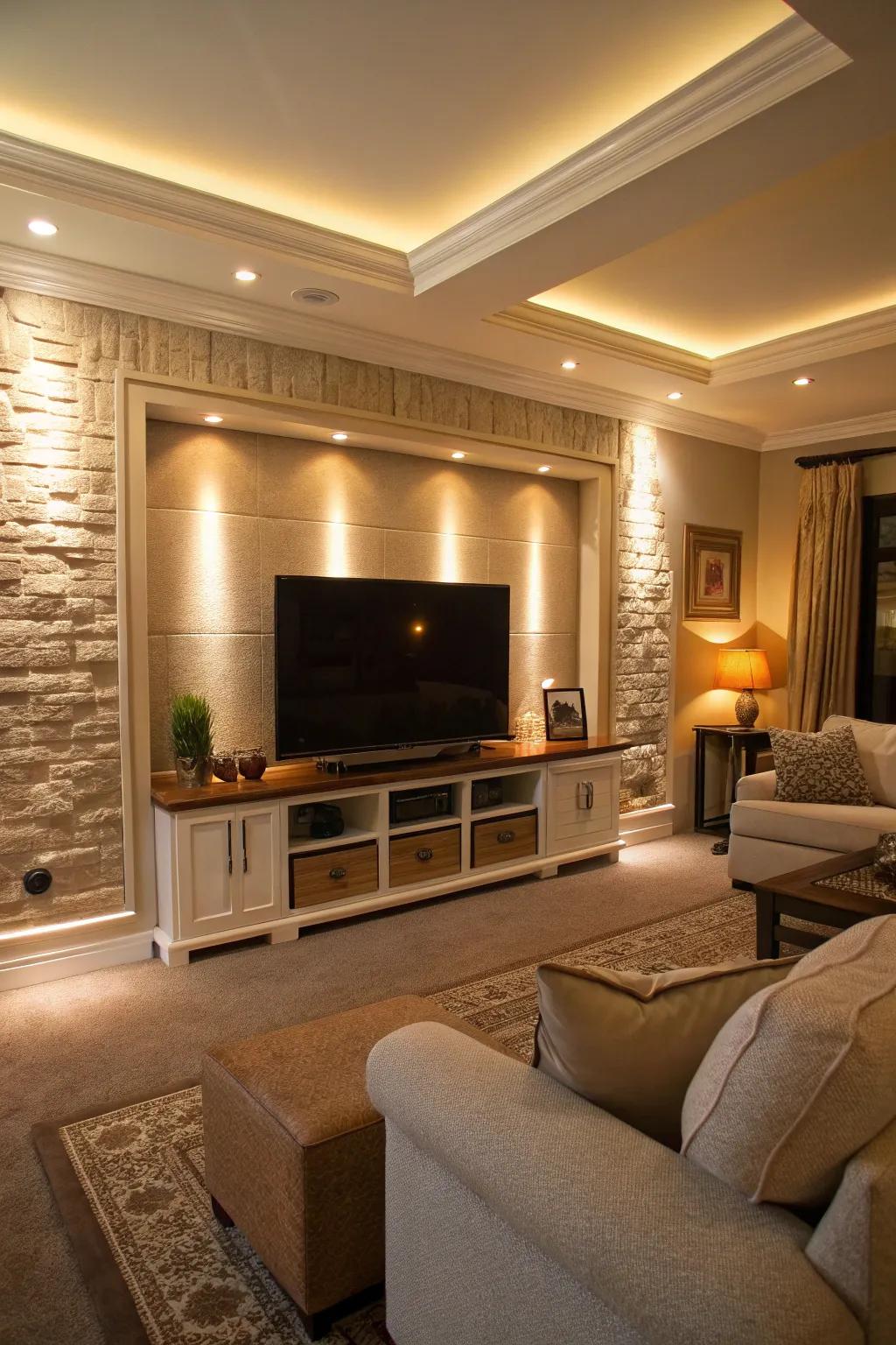 Accent lighting casting a warm, inviting glow on a modern media wall.
